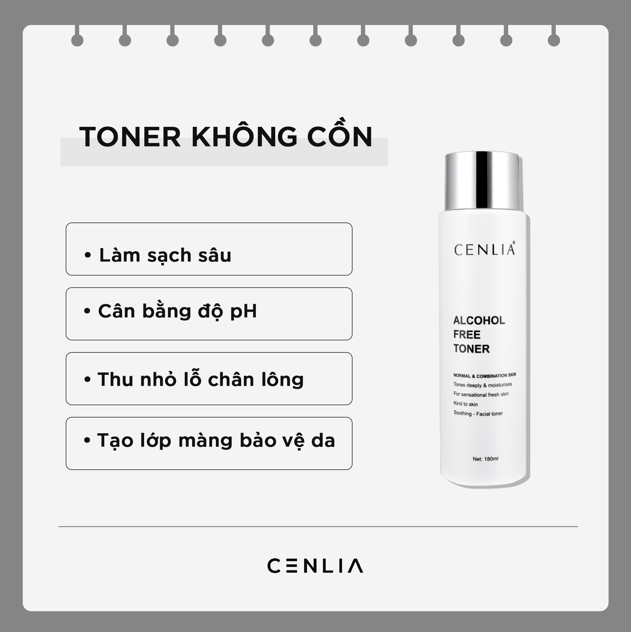 Toner không cồn Cenlia thấm sâu vào da, giúp lấy sạch bụi bẩn, chất nhờn dư thừa, ngăn ngừa mụn và se khít lỗ chân lông