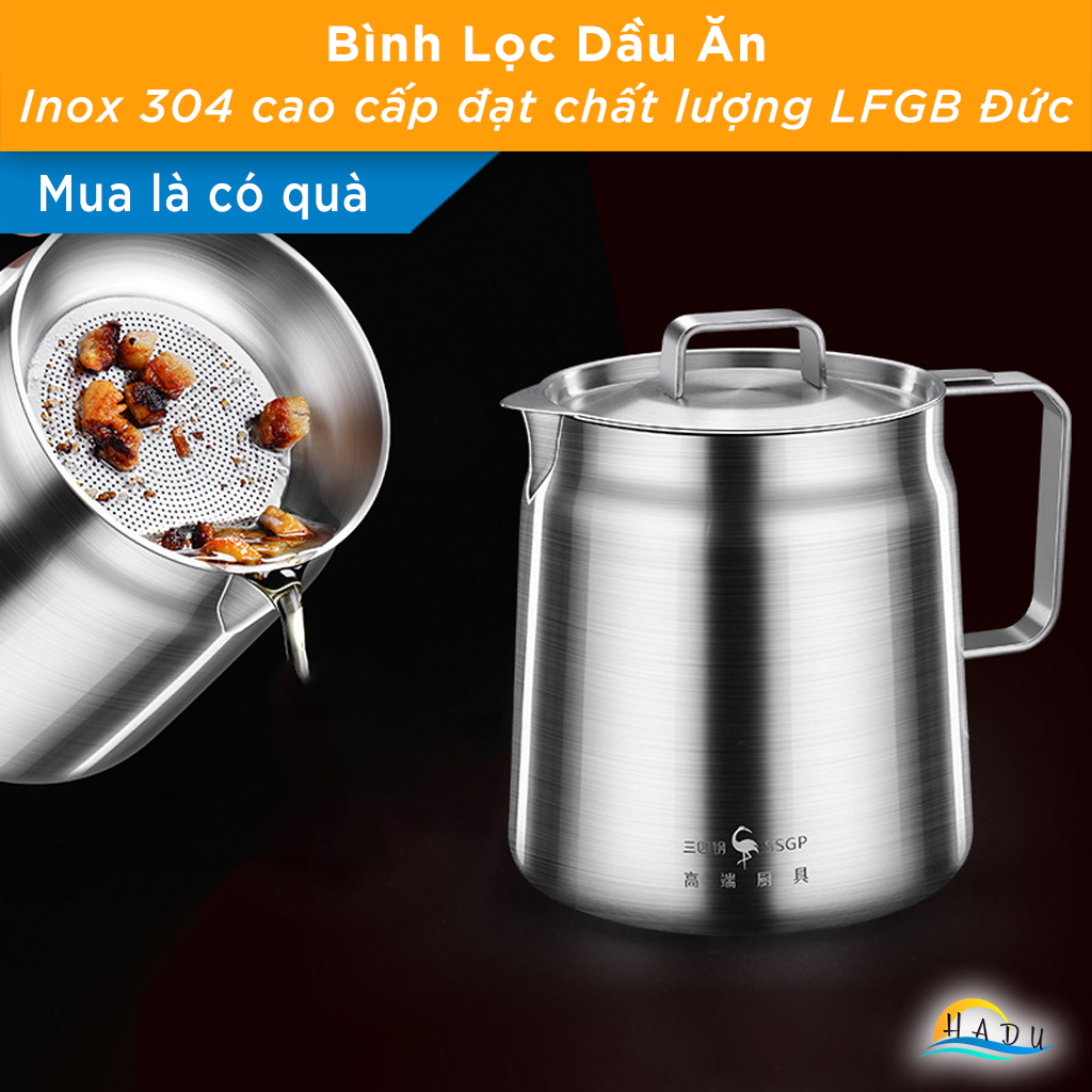 Bình Lọc Dầu Ăn Inox 304 Cao Cấp Có Lưới Lọc Cặn Bằng Inox Loại 2 lit Có Nắp Đạt Chất Lượng Đức SSGP