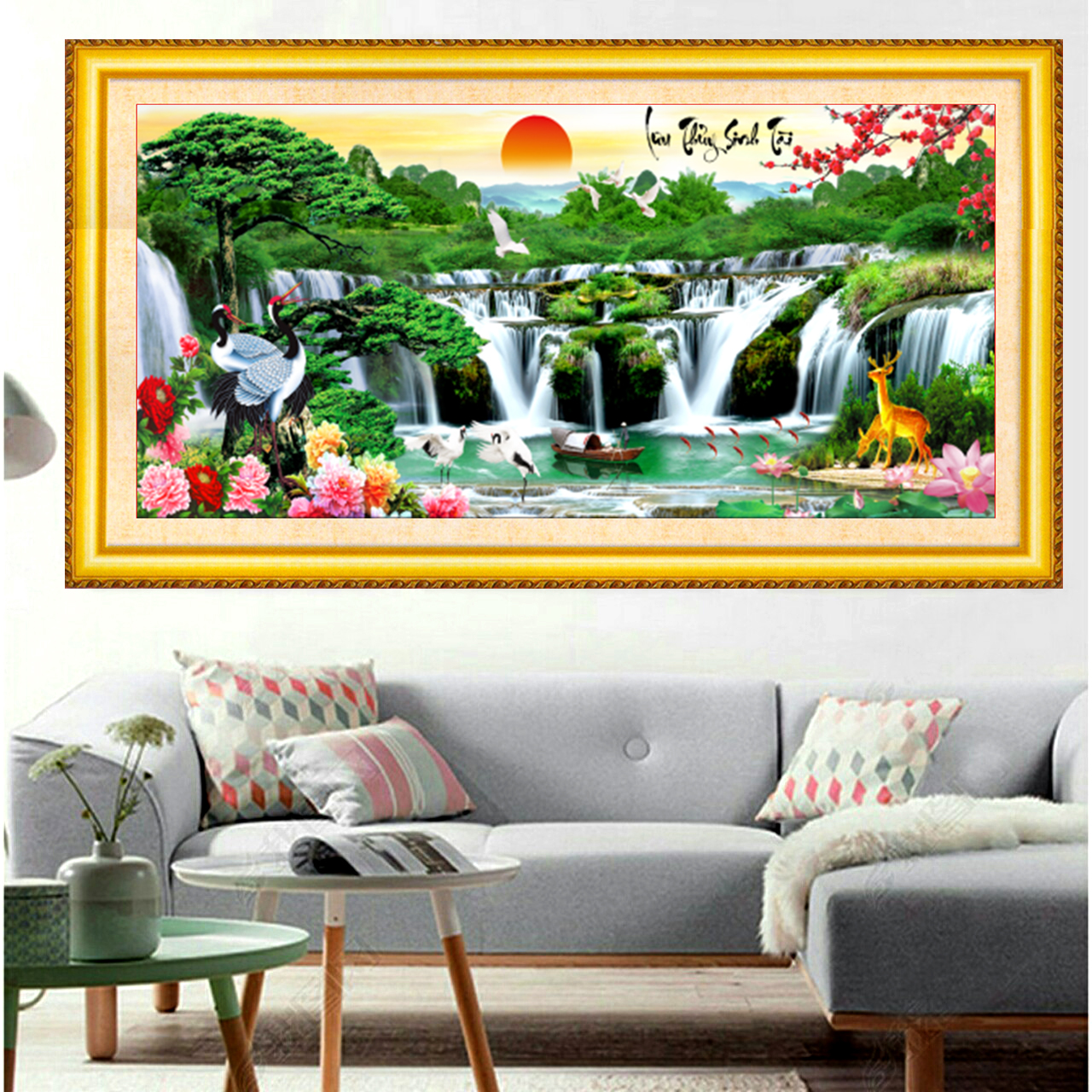 Tranh đính đá Lưu thủy sinh tài 120*55cm - chưa đính
