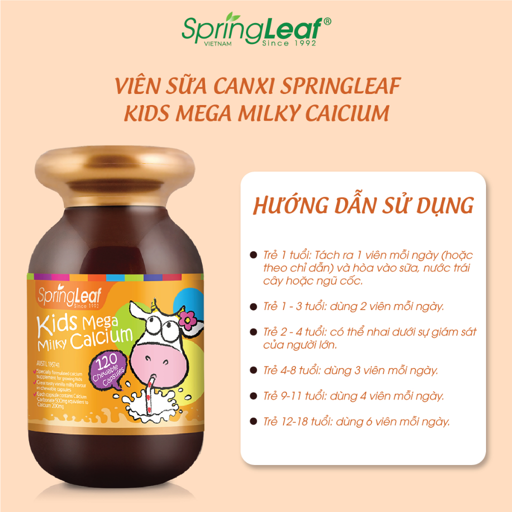 Canxi Sữa phát triển xương, răng và chiều cao của bé SpringLeaf Kids Milk Calcium 120 viên nhai