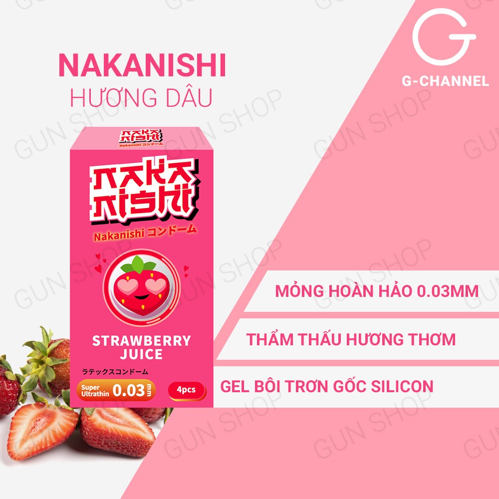 [Hộp 4 cái] Bao cao su Nakanishi - Siêu mỏng 0.03mm - Hương dâu