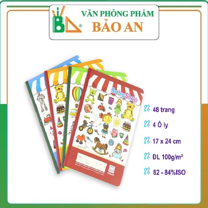 Vở 4 Ô Ly 48 Trang HH Baby Shop 0518 Giấy Trắng Tự Nhiên, Bề Mặt Giấy Láng Mịn, Viết Êm Tay, Tạo Nét Chữ Đẹp. Giấy Viết Không Cợn, Không Nhòe, Không Thấm Mực Sang Trang Sau.