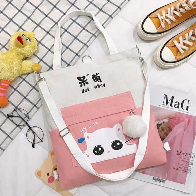 Balo thời trang, balo đi học, đựng laptop Túi Tote Mèo Mắt Long Lanh Mèo Cute balo nữ vải