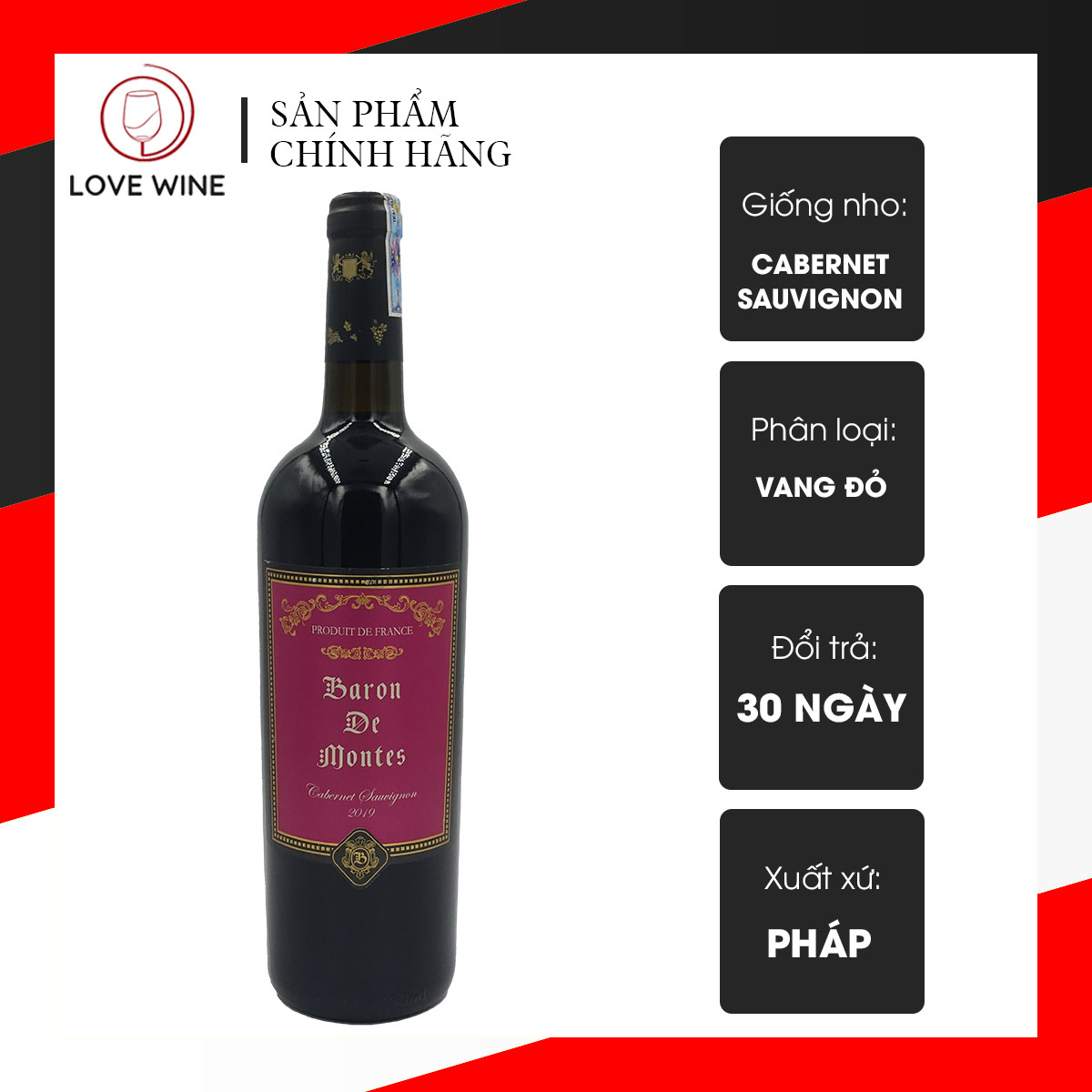 Rượu Vang Đỏ Pháp Baron de Montes Cabernet Sauvignon 750ml, 13.5%