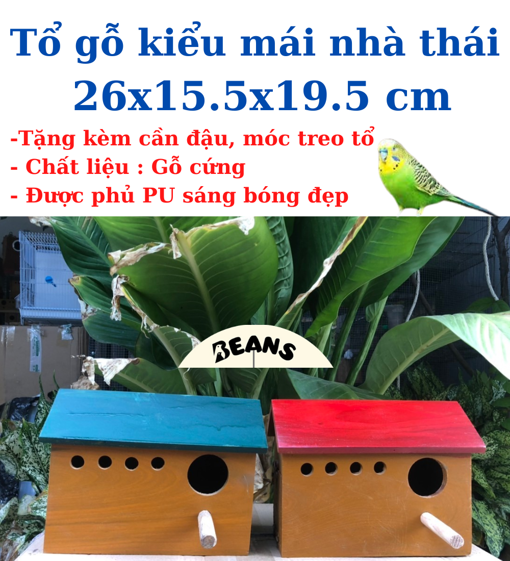 Tổ gỗ mái nhà mẫu dài dành cho chim yến phụng, bạc má, lovebird,...có lõm gom trứng tặng kèm móc treo tổ