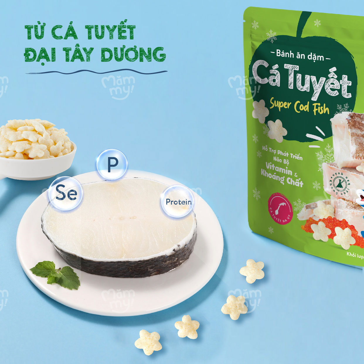 Bánh ăn dặm cho bé vị cá tuyết Mămmy giàu protein, bổ sung DHA giúp bé ăn ngon, tập cử động ngón tay vừa ăn vừa học 25 gram