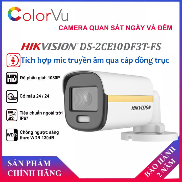 Camera HDTVI ColorVu 2MP tích hợp mic HIKVISION DS-2CE10DF3T-FS hàng chính hãng