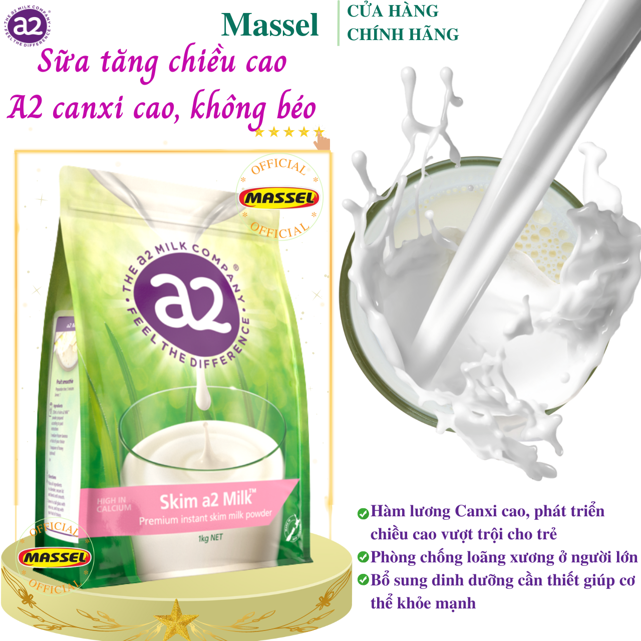 Sữa tăng chiều cao A2 tách kem, canxi cao Skim Milk Powder high in Calcium phát triển xương ở trẻ, chống loãng xương ở người lớn - Massel Official