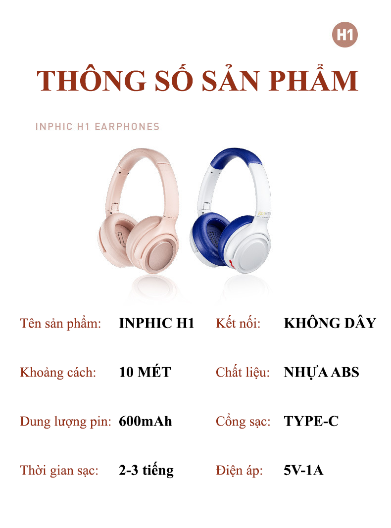 Tai nghe không dây INPHIC H1 kết nối Bluetooth 5.3 và cổng AUX 3.5mm dung lượng pin lớn 600mAh với âm thanh cực hay - Hàng Chính Hãng