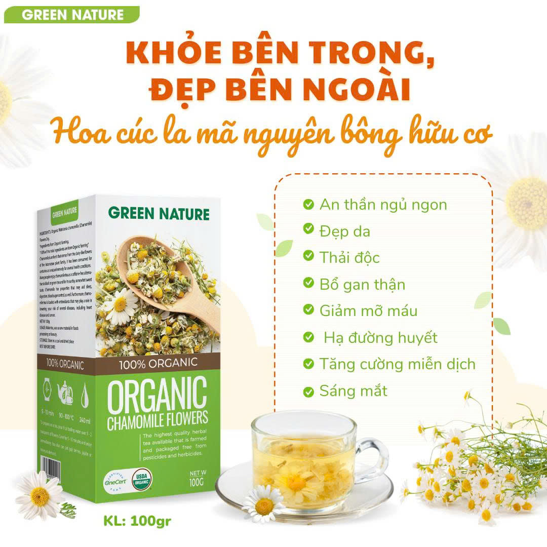 Hoa Cúc La Mã Chamomile Nguyên Bông Hữu Cơ Green Nature 100g - Thanh Nhiệt, Mát Gan, Cải Thiện Giấc Ngủ, Giúp Thư Giãn &amp; Làm Đẹp Da, Tốt Cho Tim Mạch, Giảm Cân, Eatclean, Healthy
