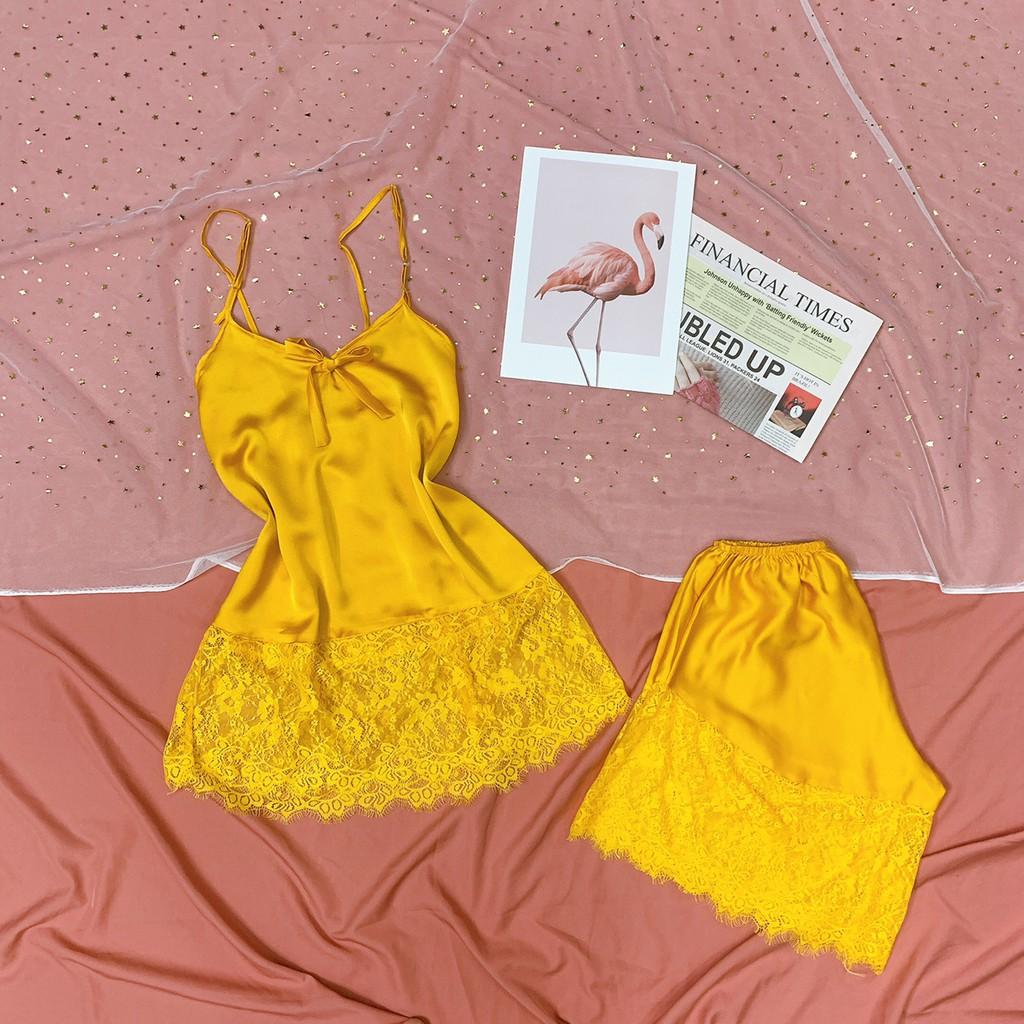 Đồ ngủ sexy - Đồ ngủ sexy phối ren mềm quyến rũ chất lụa satin Freesize dưới 60kg
