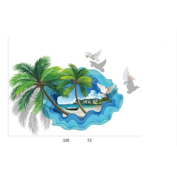 Decal trang trí tường 3D cảnh Cây dừa lớn cùng Biển