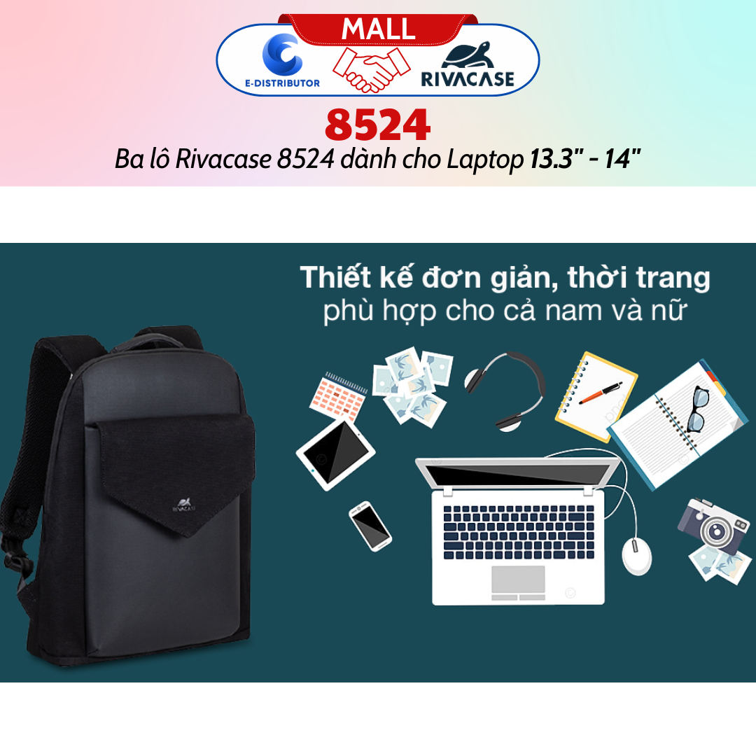 Balô Rivacase 8524 Để Vừa Laptop 13.3&quot; - 14&quot; - Bảo Hành 24 Tháng - Hàng Chính Hãng