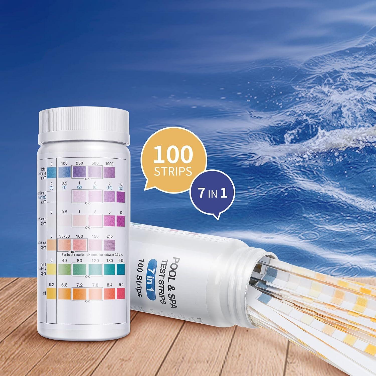 100 gói Que thử bể bơi, Que thử 7 trong 1 cho bể bơi, Spa và bể sục, Phân tích chất lượng nước - Độ cứng tổng, Brôm, Clo tự do, pH, Axit Cyanuric và Độ kiềm