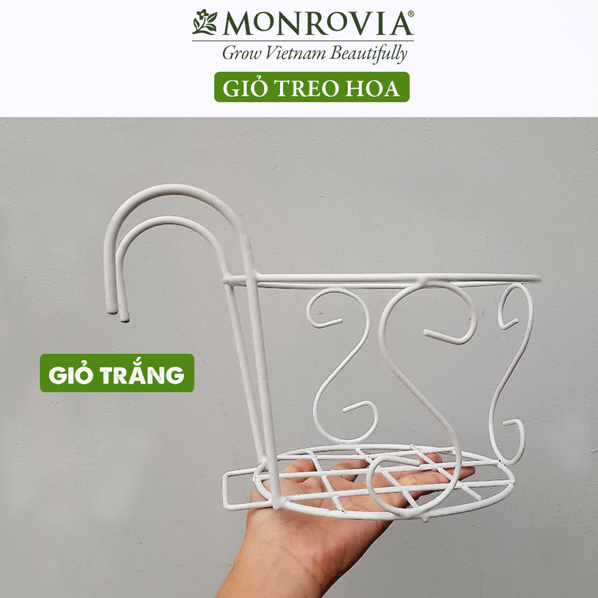 Combo 3 Giỏ treo chậu hoa ban công MONROVIA, giỏ sắt treo chậu hoa ban công, chậu treo ban công, kệ treo ban công, móc treo, khung thép, sơn tĩnh điện chính hãng thương hiệu MONROVIA  - Màu Trắng