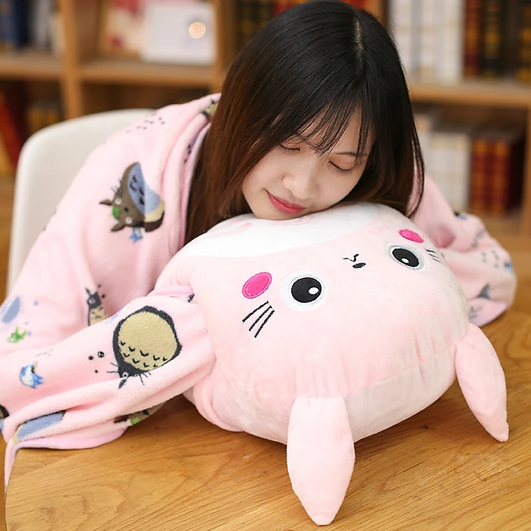 Bộ Chăn Gối Văn Phòng 3 Trong 1 Hình Thỏ Xám Và Thỏ Hồng TOTORO Xinh Đẹp