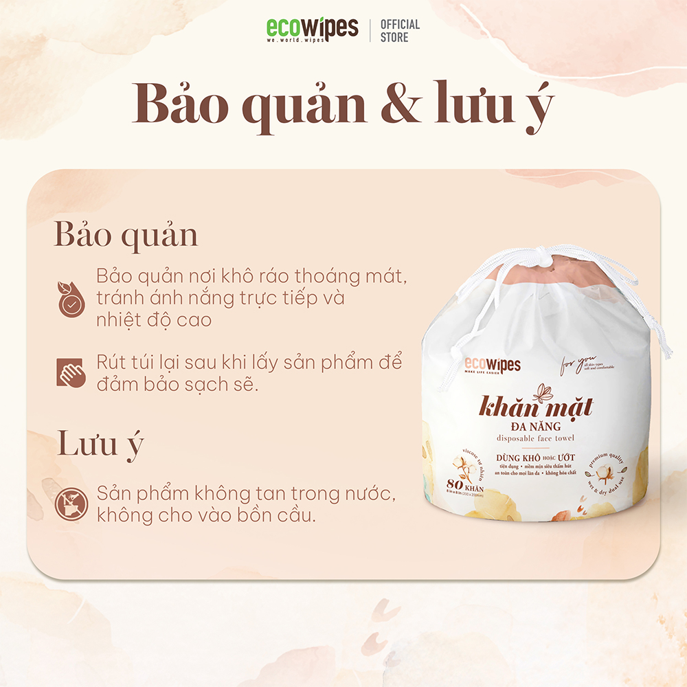 Combo 05 túi khăn mặt khô đa năng Ecowipes cuộn 80 tờ size khăn 20x20cm dùng 1 lần lau khô lau ướt giấy lau mặt dùng một lần