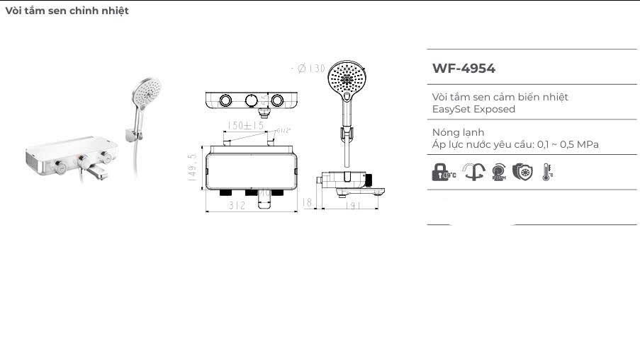 Bộ vòi sen tắm gắn tường WF-4954(FFAS4954) Easy SET Exposed cảm biến nhiệt- hàng chính hãng American Standard