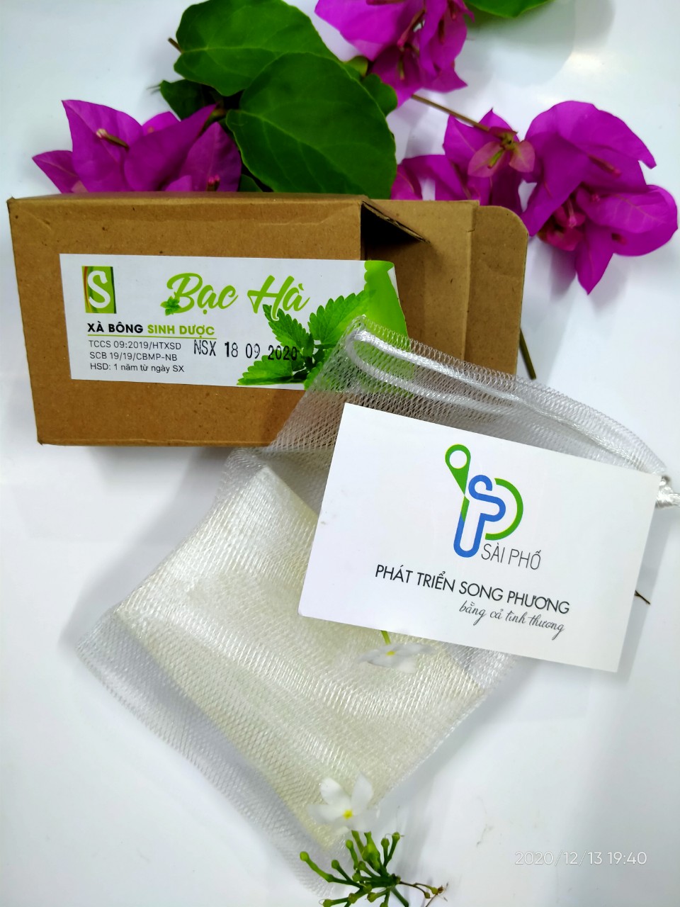 Bánh Xà bông Sinh Dược 100 gram hương Bạc Hà, kèm túi lưới tạo bọt