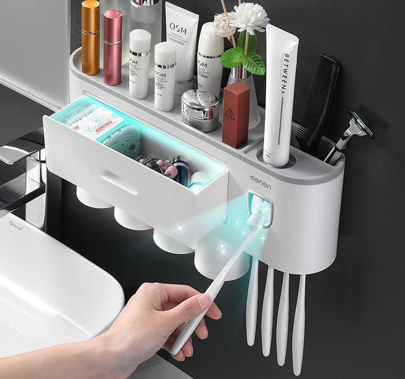 Kệ nhà tắm đa năng dán tường tặng kèm ly hít từ tính , hộp để bàn chải đánh răng nhả kem tự động OENON cao cấp GD456-HBCOENON