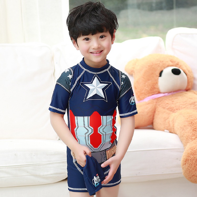 Bộ bơi liền bé trai Đội trưởng Mỹ Captain America, có size to, chất dày đẹp, kèm mũ | BT20