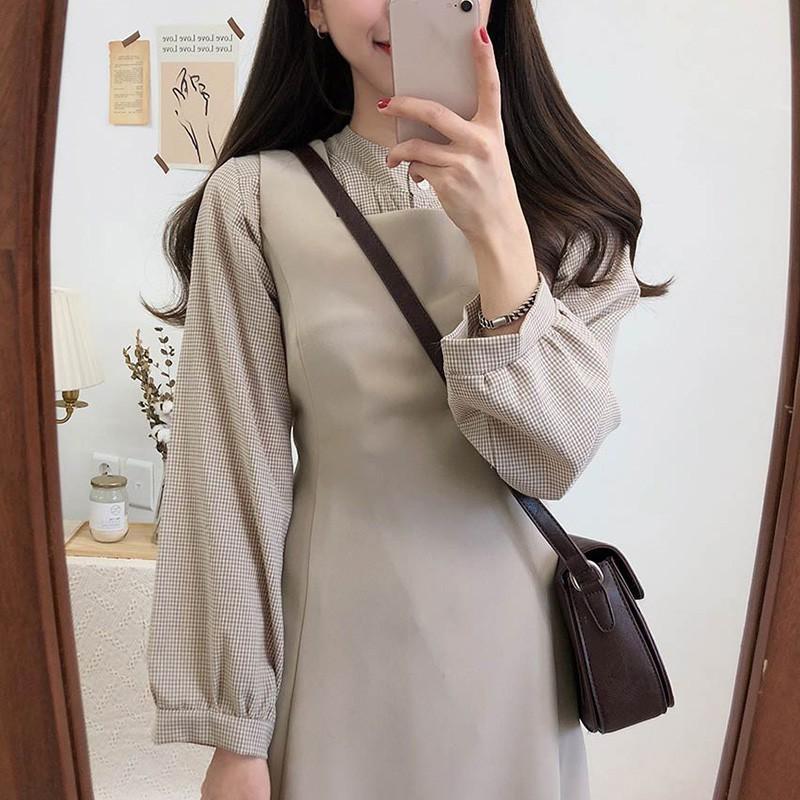 Áo sơ mi caro cổ tròn tay phồng thời trang Hàn Quốc cho nữ