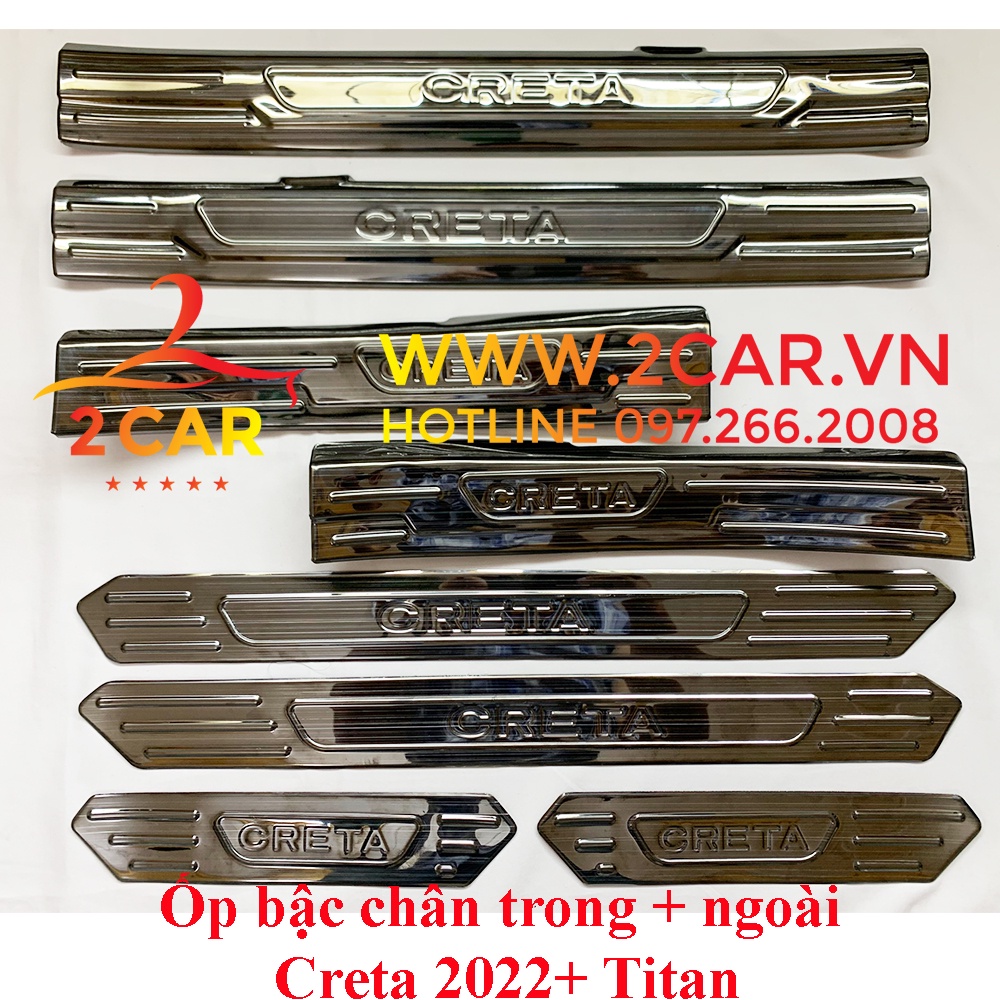 Ốp bậc cửa, nẹp bước chân trong, ngoài xe Hyundai Creta 2022- 2023 chất liệu Titan cao cấp