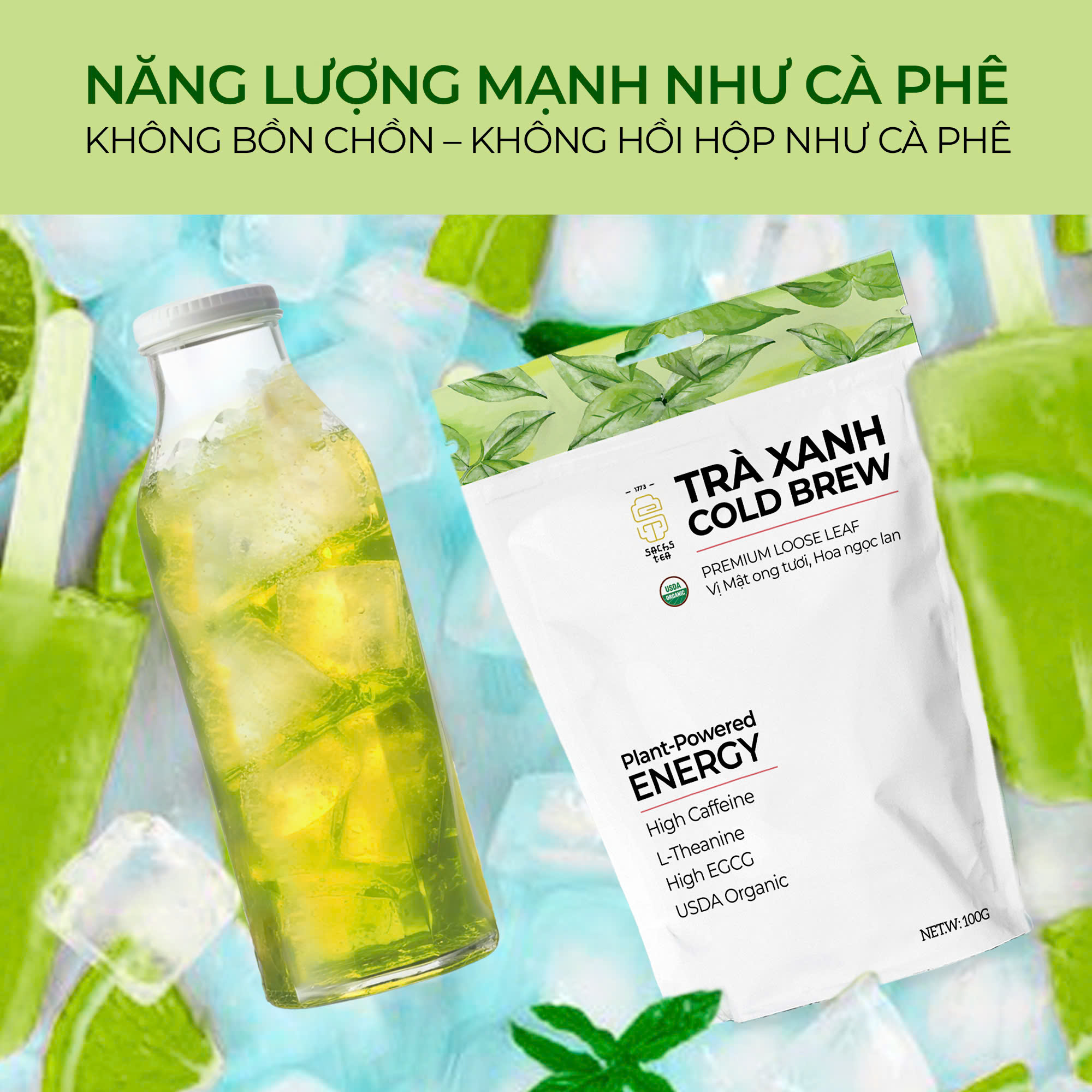 Trà Xanh Cold Brew Hữu Cơ - Chứng Nhận USDA Organic, Vị Mật Ong, Giàu EGCG Không Chát Túi Zip 100g