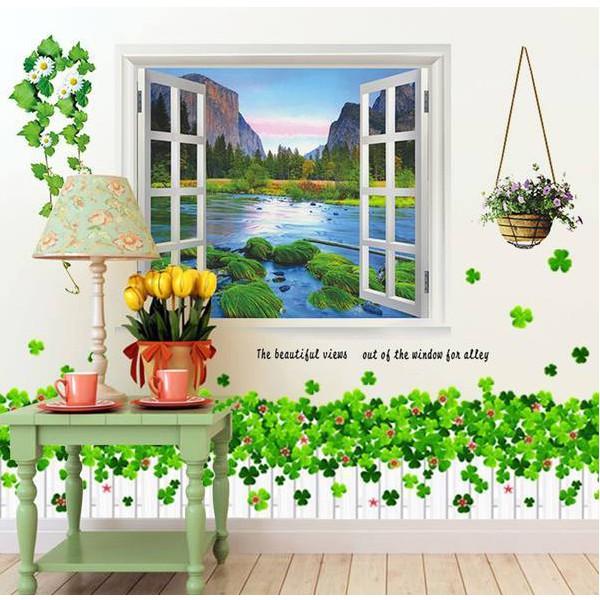 BỘ COMBO DECAL GHÉP ĐÔI TRANG TRÍ - Cửa Sổ Sông Nước kết hợp chân hàng rào trắng