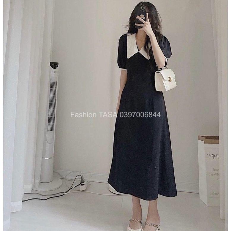 X2 Đầm dáng suông công sở cổ bẻ màu đen cổ trắng form dài thanh lịch (kèm hình thật)