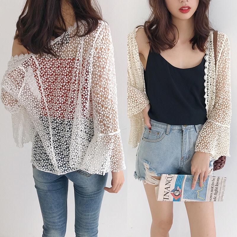 Áo khoác ren hạt tay loe đi biển hàng QC