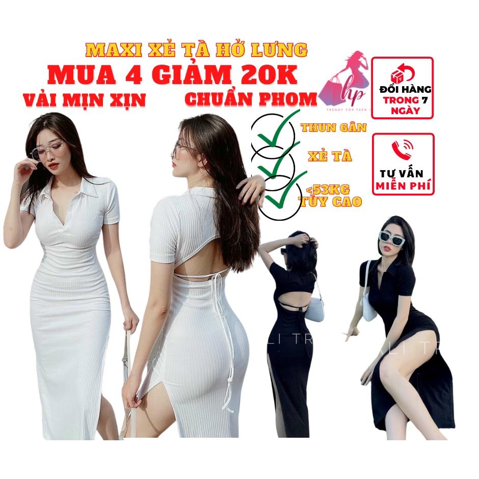 Váy đầm maxi dài nữ ôm bodycổ polo xẻ tà hở lưng đan dây tay tay ngắn thời trang dự tiệc sexy phong cách hàn-VD08