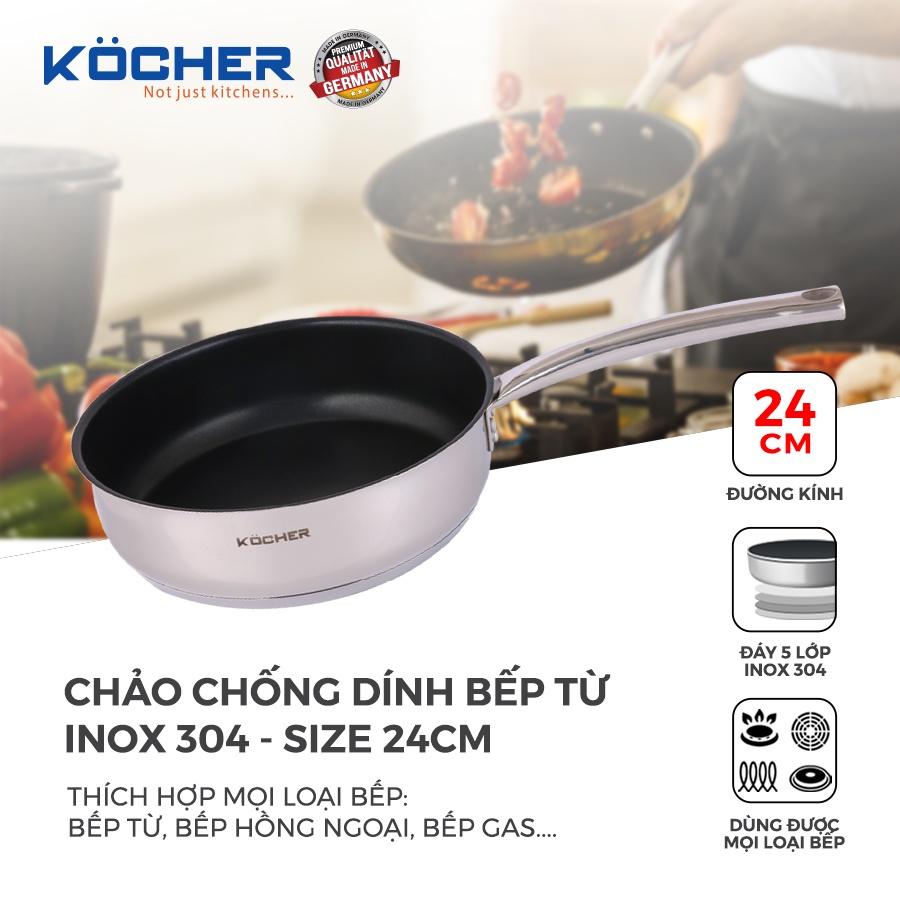 Chảo chống dính Kocher bếp từ inox 304 5 lớp đáy KOCHER Size 24cm dùng cho mọi loại bếp - Hàng chính hãng