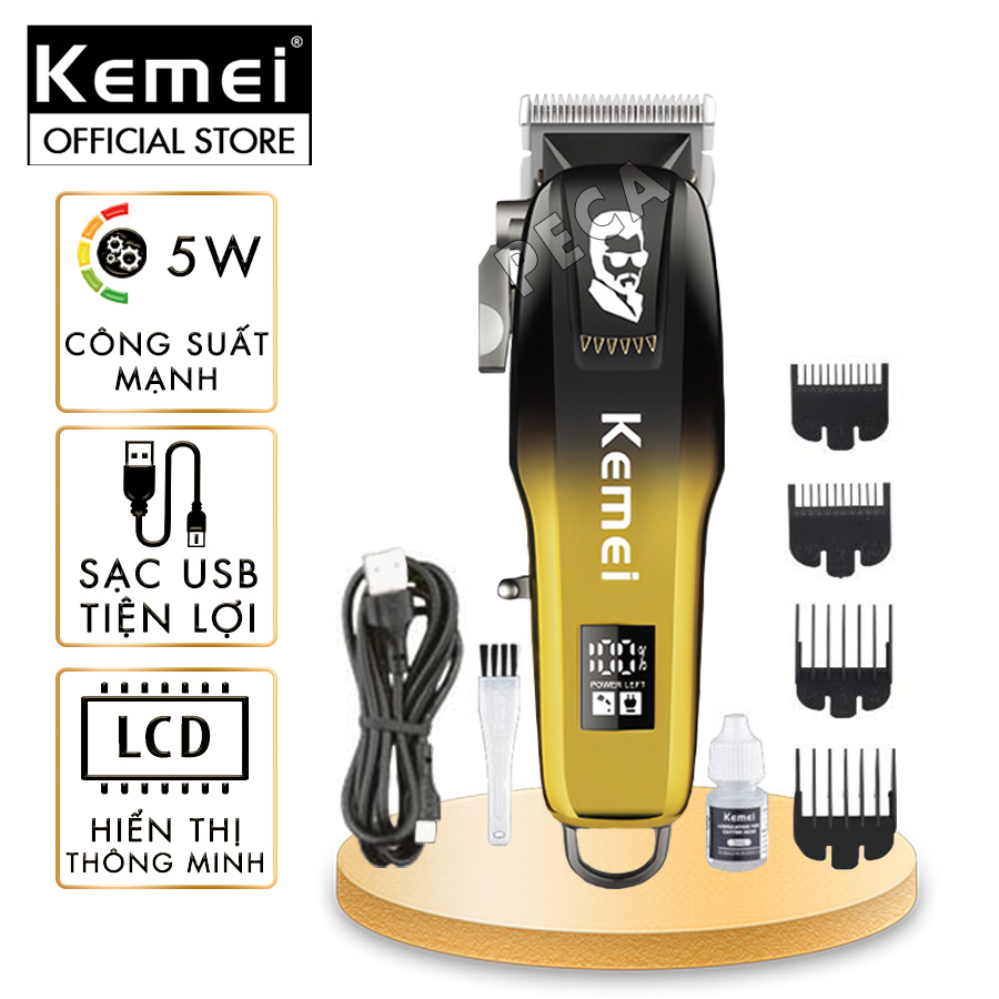 Tông đơ cắt tóc chuyên nghiệp Kemei KM-709A sạc nhanh USB có màn hình LCD hiển thị - Hàng chính hãng ( Giao màu ngẫu nhiên )