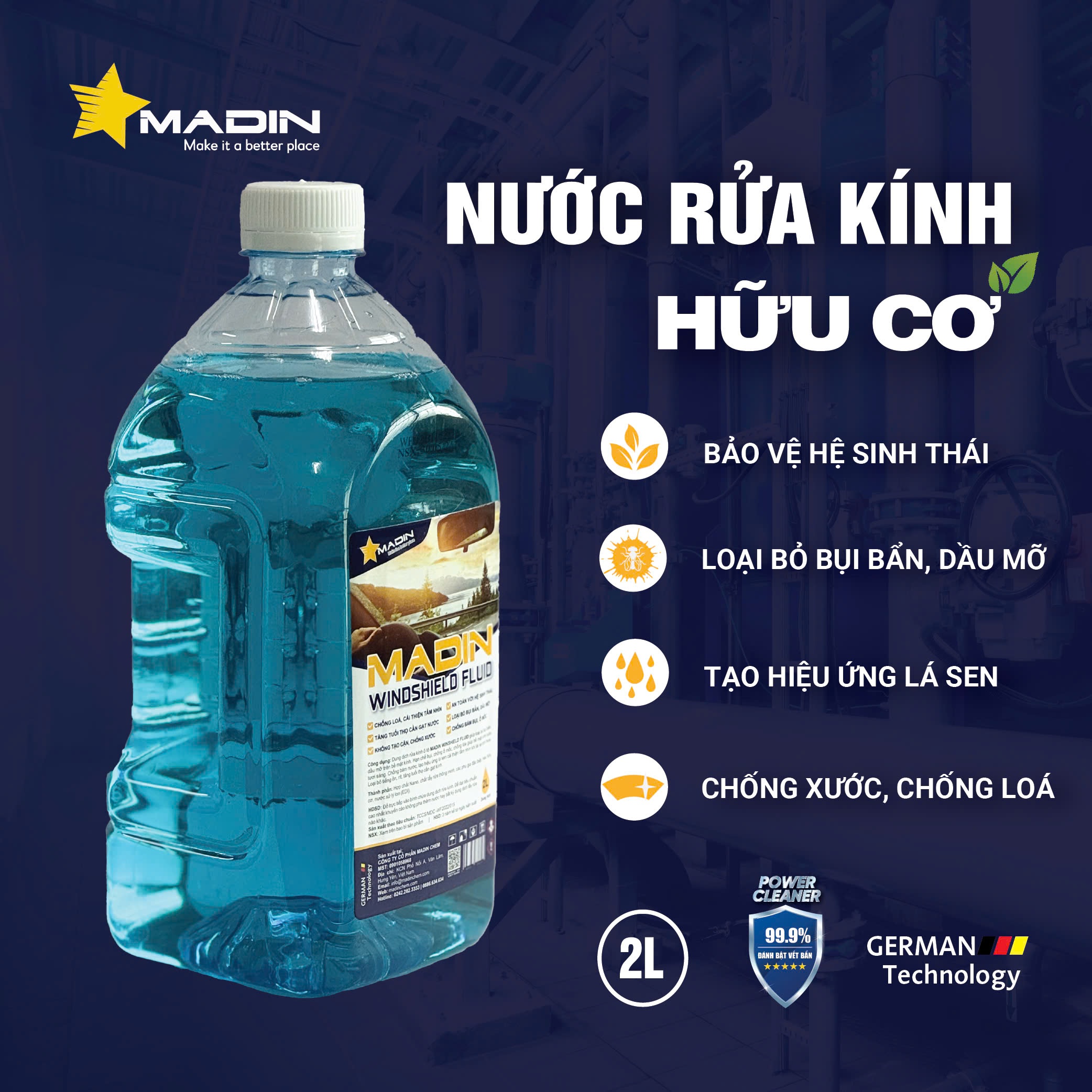 [Thùng 6 can] Nước Rửa Kính hữu cơ Ô Tô Madin Windshield Fluid chống bám nước, làm sạch sâu, chống ố mốc