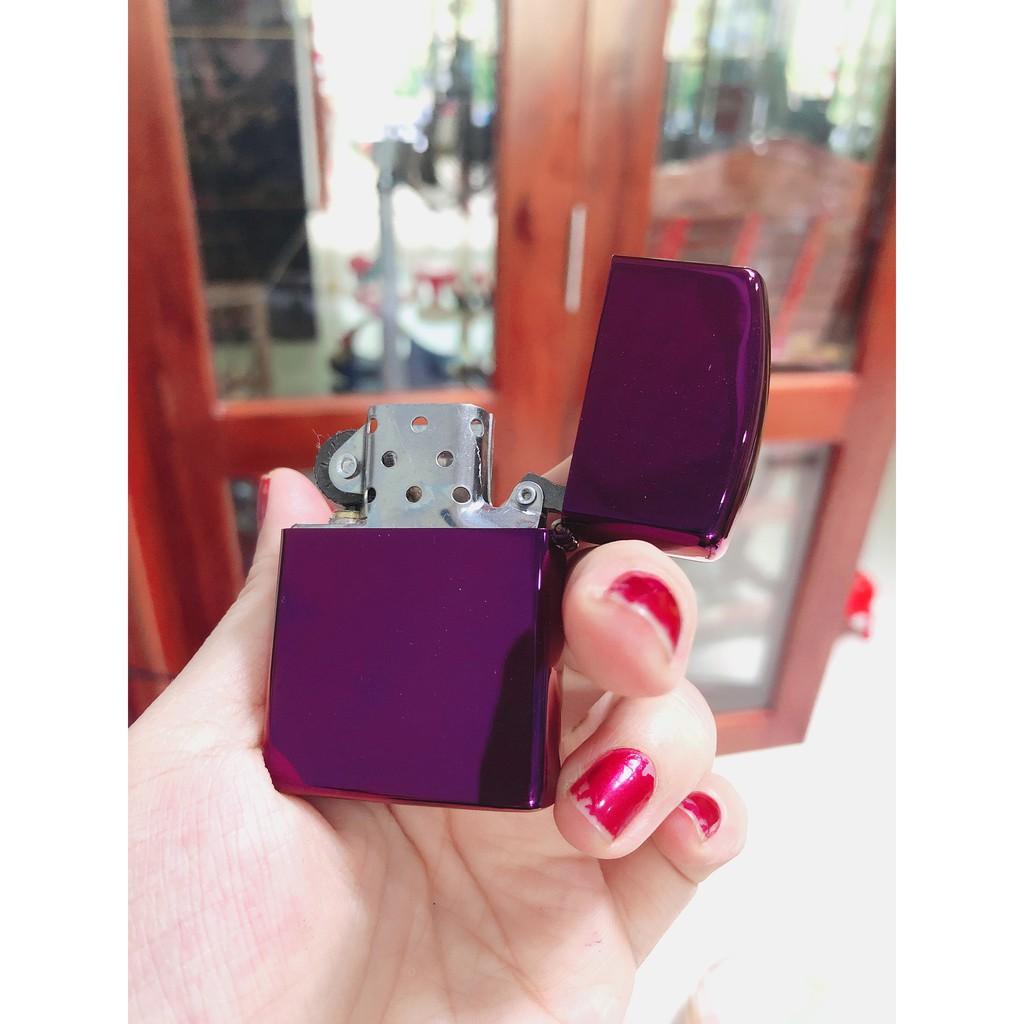 Bật Lửa, hộp quẹt Zippo Màu Tím Trơn- Logo- Có Tem đỏ