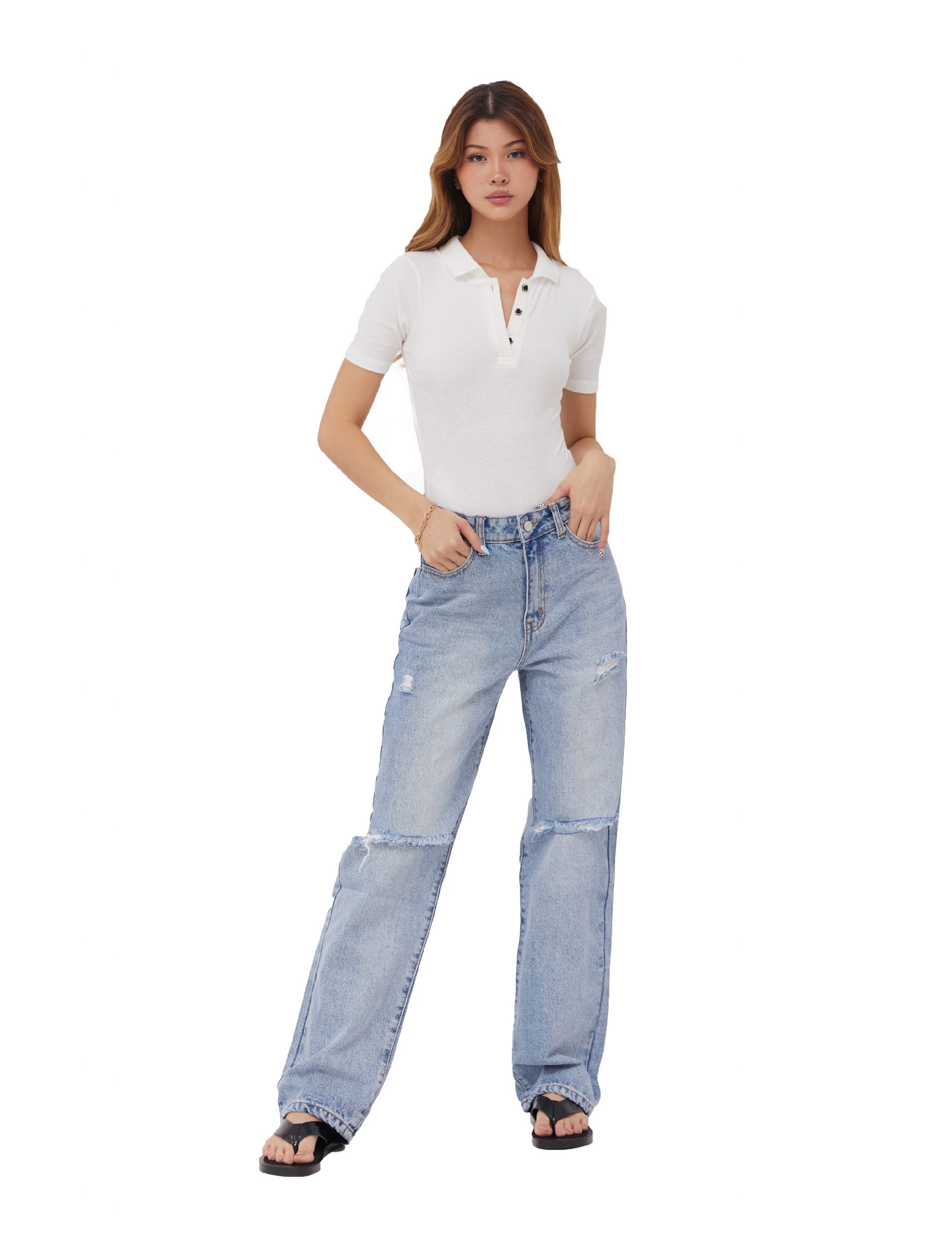 là min - Quần jeans low rise ripped denim