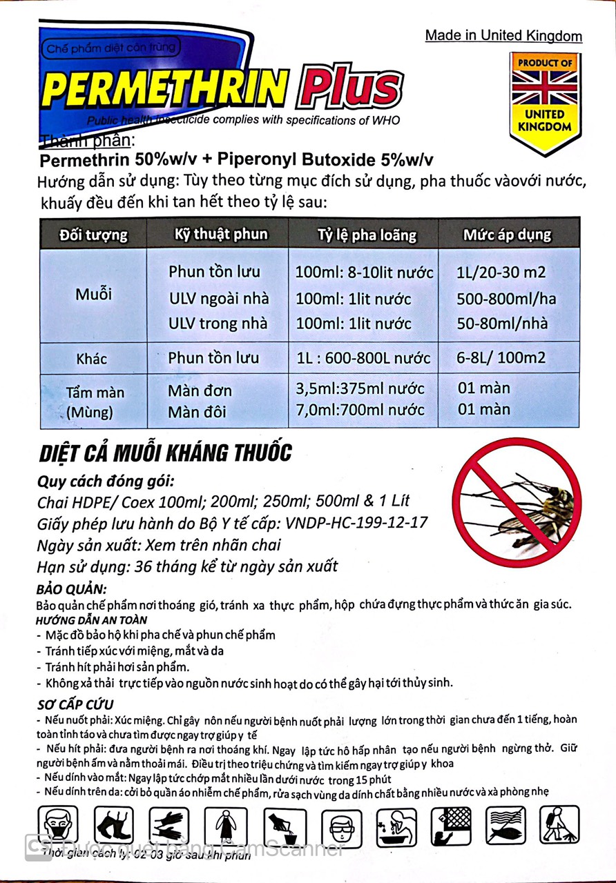 Thuốc diệt muỗi và côn trùng Permethrin Plus 50EC chai 1 lít tác dụng mạnh với ruồi, muỗi, kiến, gián...