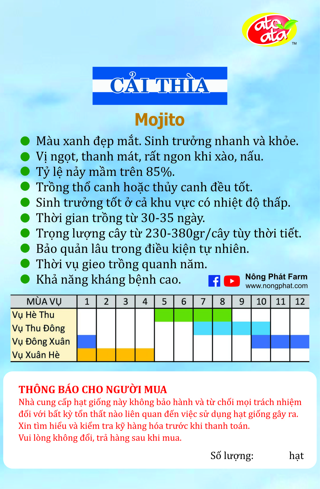 Hạt Giống Rau Cải Thìa MOJITO - Giống Nhật Bản Chất Lượng Cao F1 - Nảy Mầm Cao