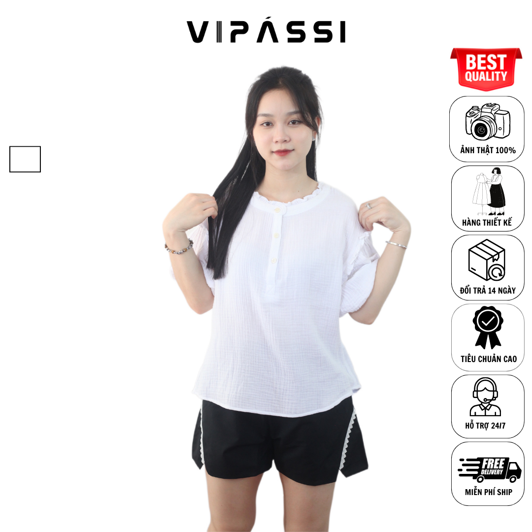 VIPÁSSI Áo Baby Cotton Cổ Bèo Đính Nút Ngắn Tay Phòng Trắng