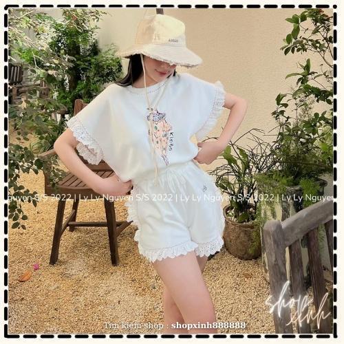 Đồ bộ đi chơi nữ Set áo croptop mix quần sooc phối viền ren bánh bèo, Áo crt tay rộng mix quần sooc viền ren cực xinh