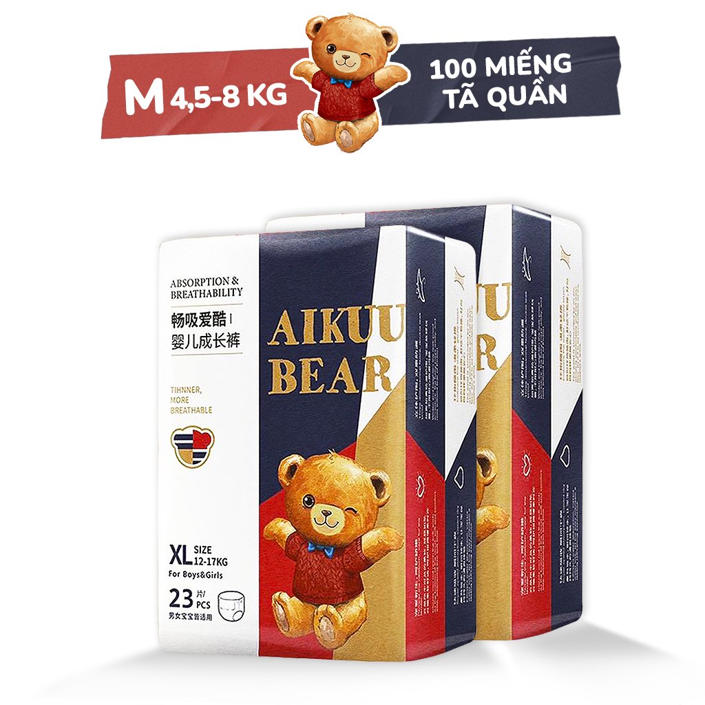 Bỉm Aikuu Bear CHÍNH HÃNG DánQuần đủ size S112,M100M100,L96,XL92,XXL88,XXXL84 – M QUẦN 100 4,5-8KG