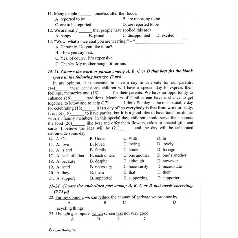 Sách - Bộ Đề Thi Tuyển Sinh Môn Tiếng Anh Vào Lớp 10 ( Lưu Hoằng Trí ) (HA-mk1)