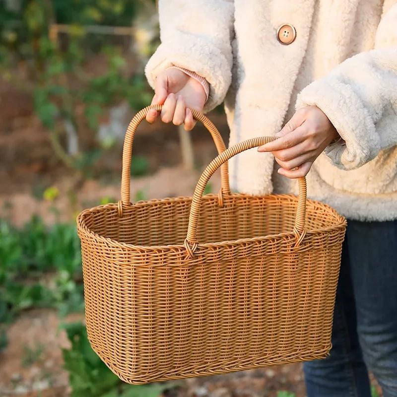 Hand Weaving Fruit Storage Basket Handle Design Picnic Basket Home Organizer