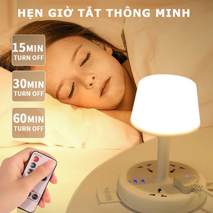 Ổ cắm điện đa năng chống giật có 2 cổng sạc nhanh USB chịu tại 2500W, 4 ổ cắm điện cao cấp kiêm đèn ngủ thông minh 3 chế độ sáng, tặng kèm điều khiển từ xa