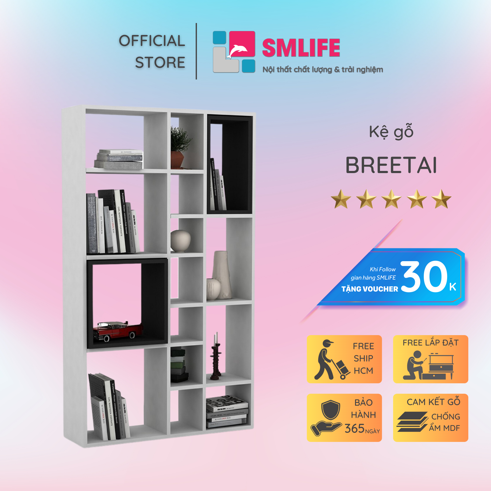 Kệ sách, kệ trang trí gỗ hiện đại SMLIFE Breetai | Gỗ MDF dày 17mm chống ẩm | D90xR25xC150cm