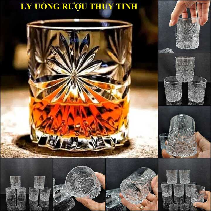 Bộ Ly Rượu Thủy Tinh 215ML Trụ Tròn hoa văn Lá cao cấp – Bộ Ly Uống Rượu Đẹp