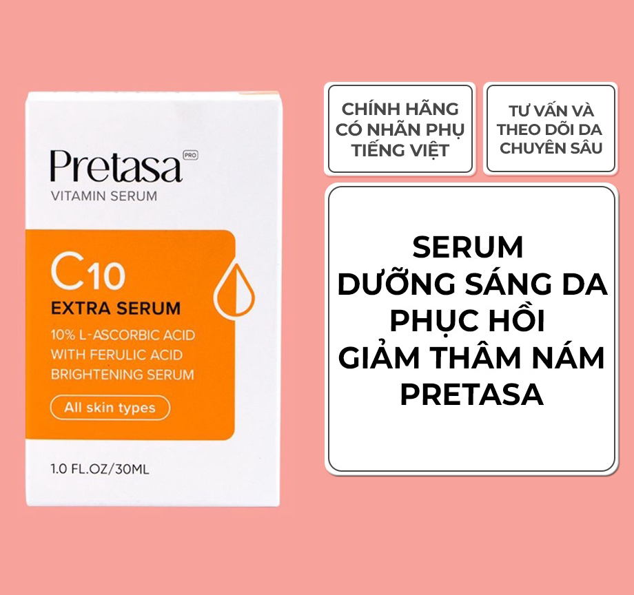 Serum sáng da mờ thâm Vitamin C PRETASA C10 Extra Serum - Hàng Chính Hãng