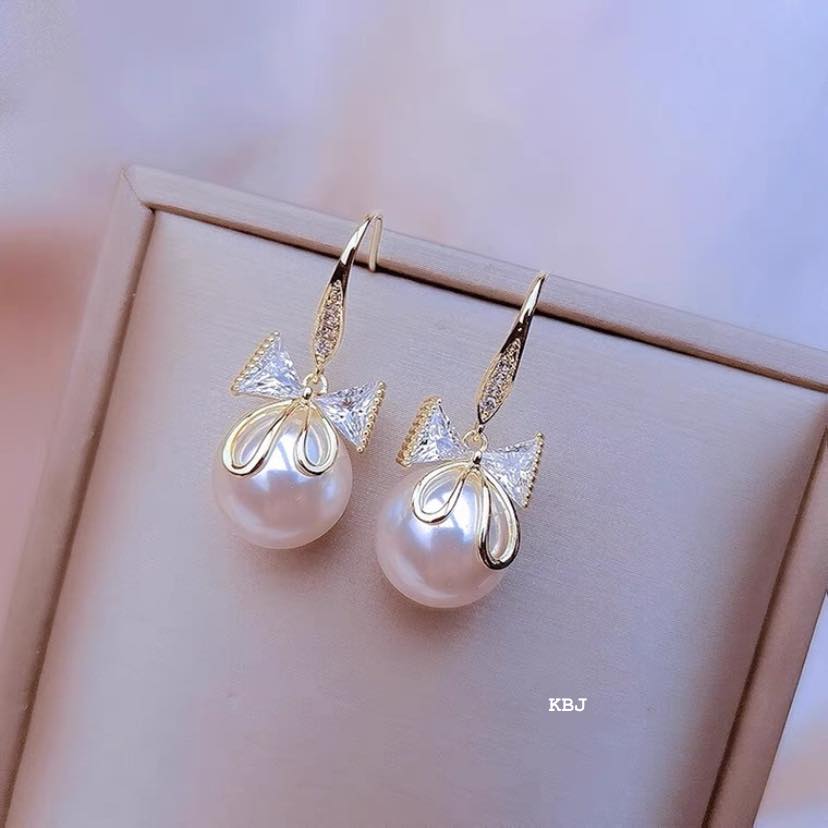 Bông tai bạc hình nơ gắn trai chất liệu bạc s925 MS75a