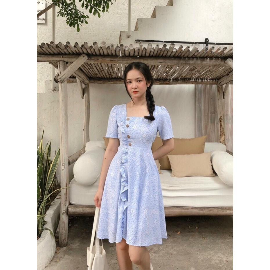 Đầm hoa nhí xanh, Váy hoa nhí xanh dự tiệc Cao Cấp chấm bi trắng, đính nút cổ vuông tay ngắn dáng xòe, có dây cột eo